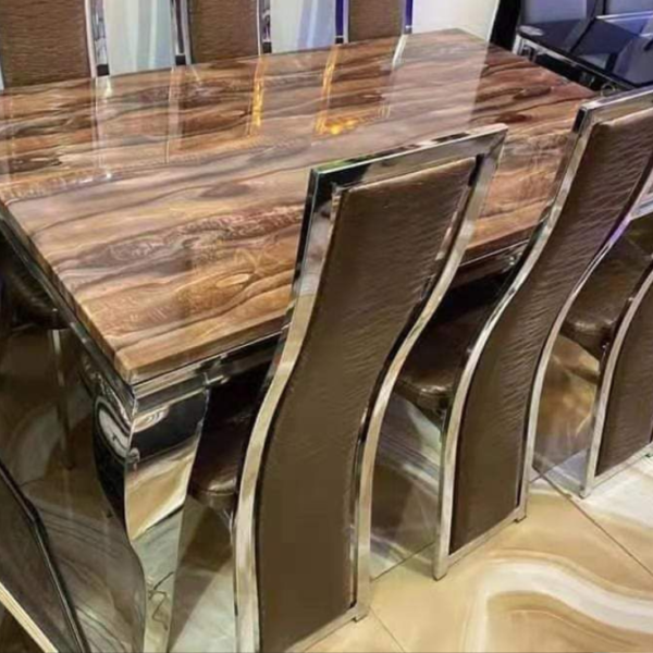 Ensemble Table à Manger Effet Marbre Brun & Chromé - 8 Places